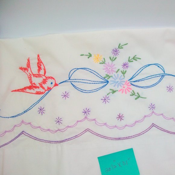 Vintage Embroidered Birds Floral Bouquet Pillowcase Queen Size - Picture 2 of 5